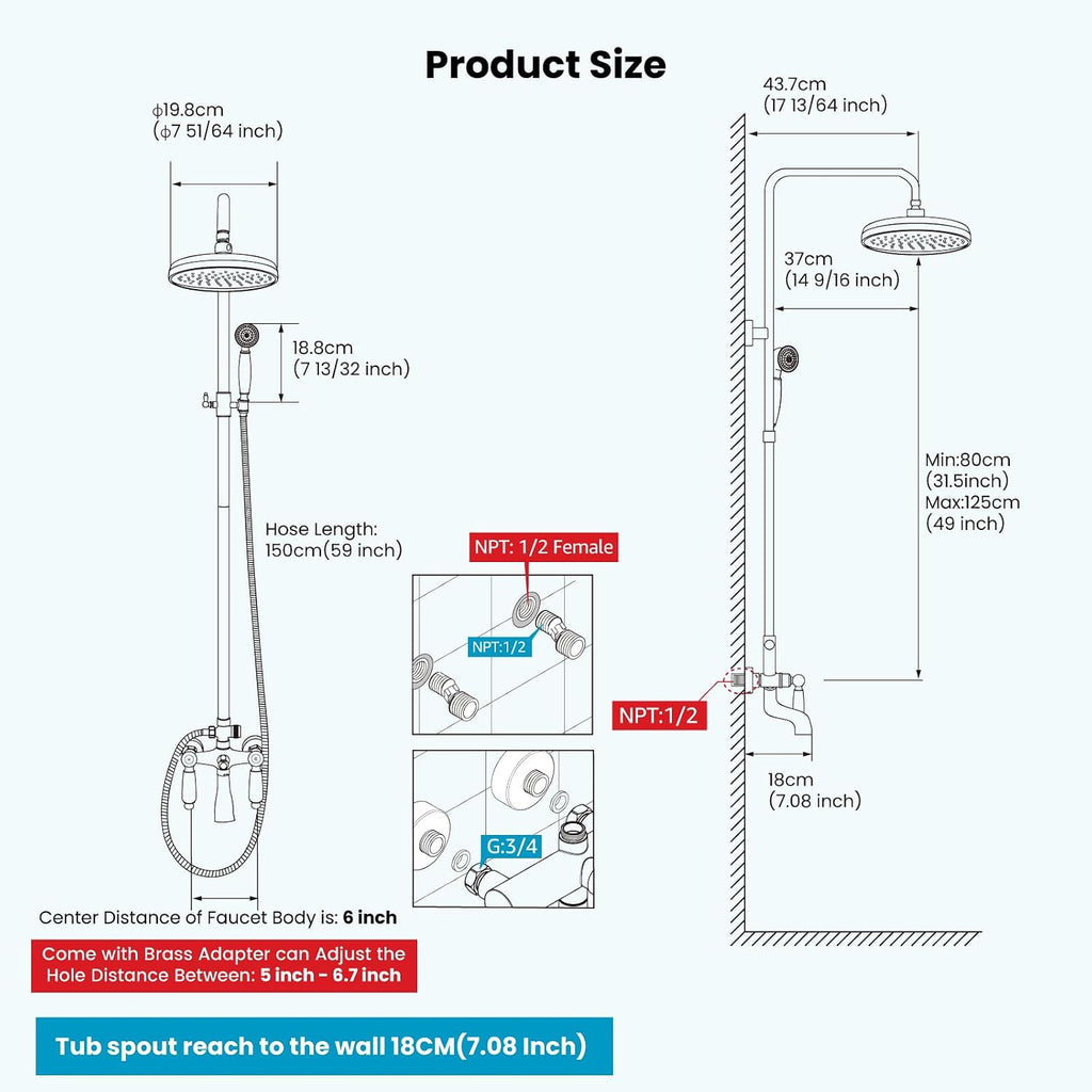 gotonovo Antique Brass Shower Faucet 8-inch Shower Head Fixture with Handheld Spray Double Lever Handle Bathtub Spout Triple Function Bathroom Wall Mount