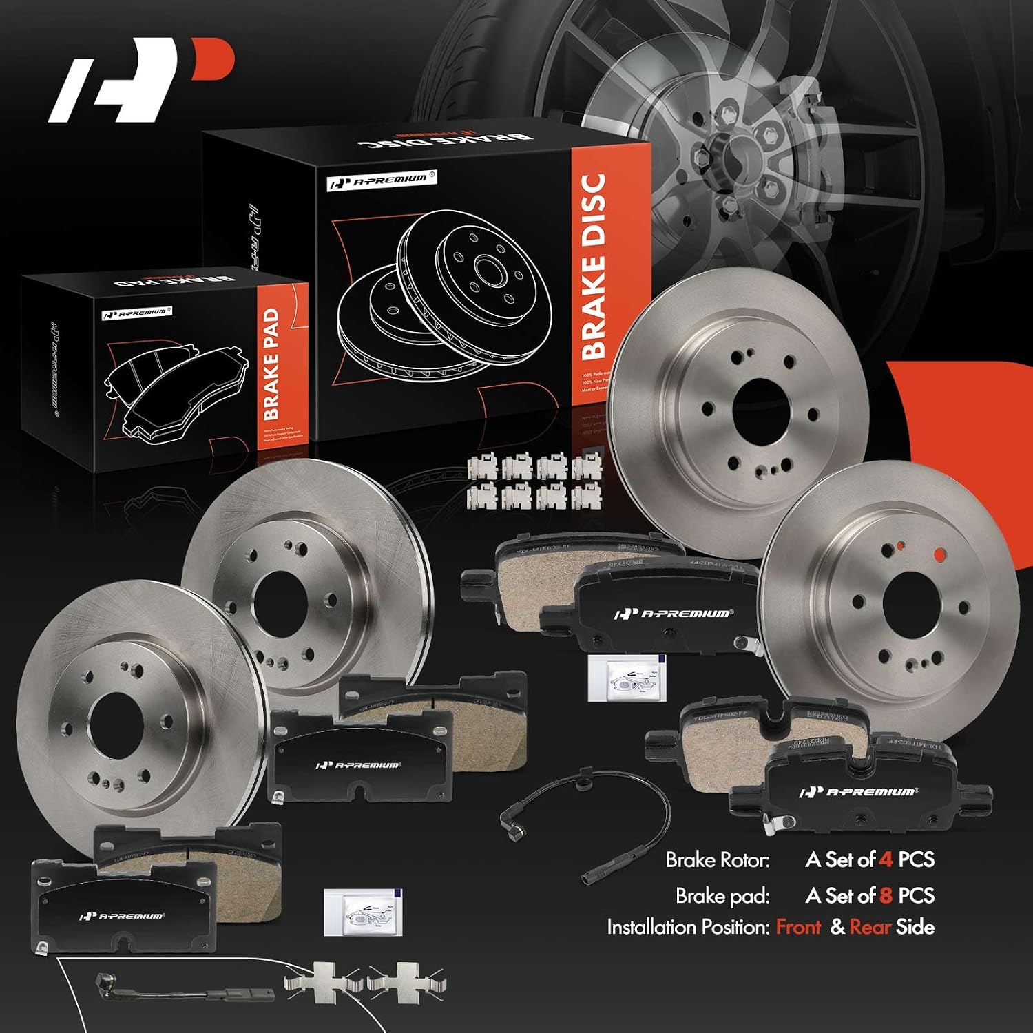 A-Premium Front and Rear Vented Disc Brake Rotors + Ceramic Pads Kit Compatible with Select Chevy, GMC & Cadillac Models - Silverado 1500 LTD, Tahoe, Suburban, Sierra 1500, Yukon, Escalade, 12-PC Set