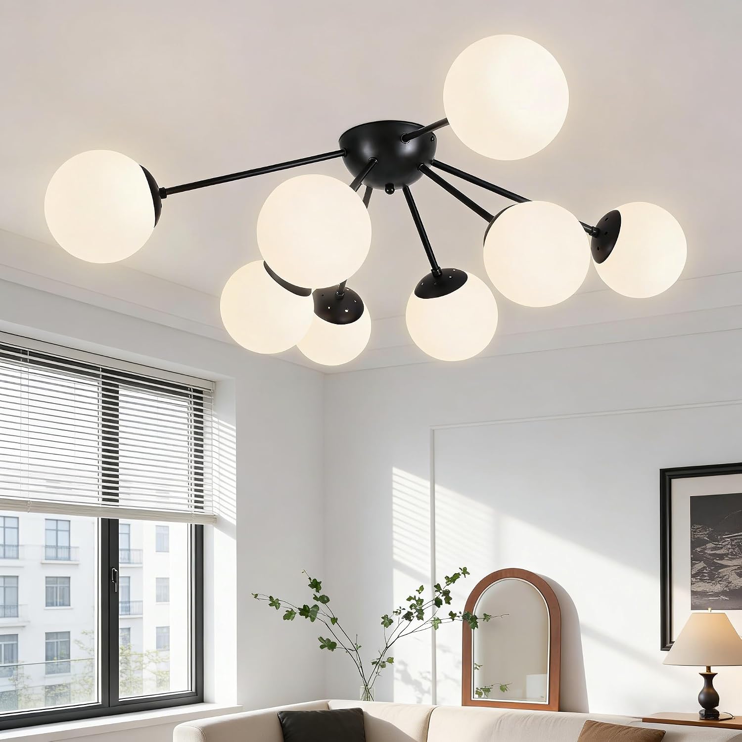 Bagood 8 Light Mid Century Modern Semi Flush Mount Ceiling Light Fixture Globe Ceiling Light Sputnik Chandelier with Milk Glass Shade Matte Black Finish for Bedroom Hallway Dining Room Living Room