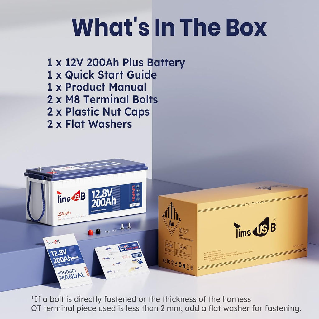 12V 200Ah Plus LiFePO4 Battery, Timeusb Lithium Battery with 200A BMS, Max. 2560W Power, 4000-15000 Deep Cycles, 10-Year Lifetime, Perfect for RV, Camping, Marine, Solar Off Grid, Backup System