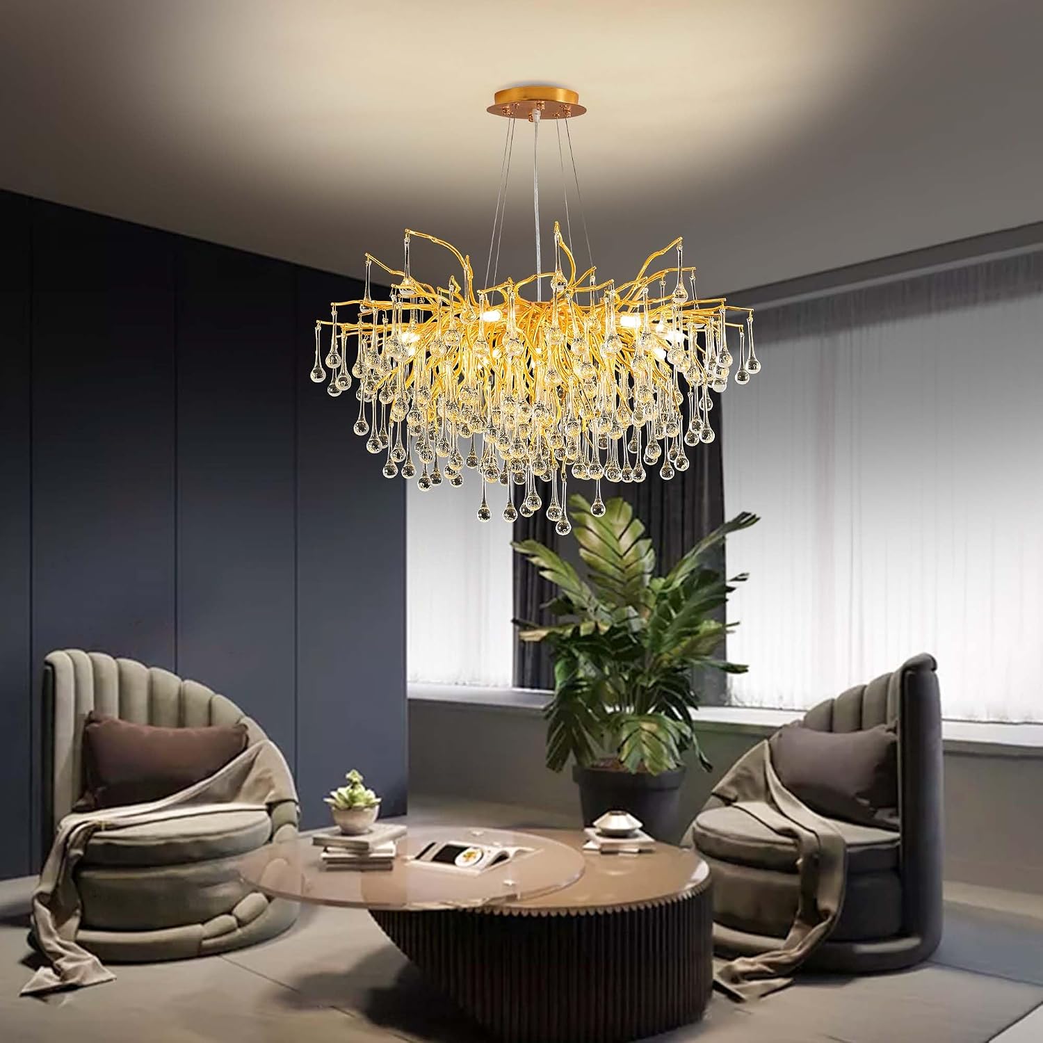 Modern Crystal Raindrop Chandelier, Gold Round Art Deco Tree Branch Lighting Fixture for Dining Room Living Room Foyer 13 Lights D31.5''
