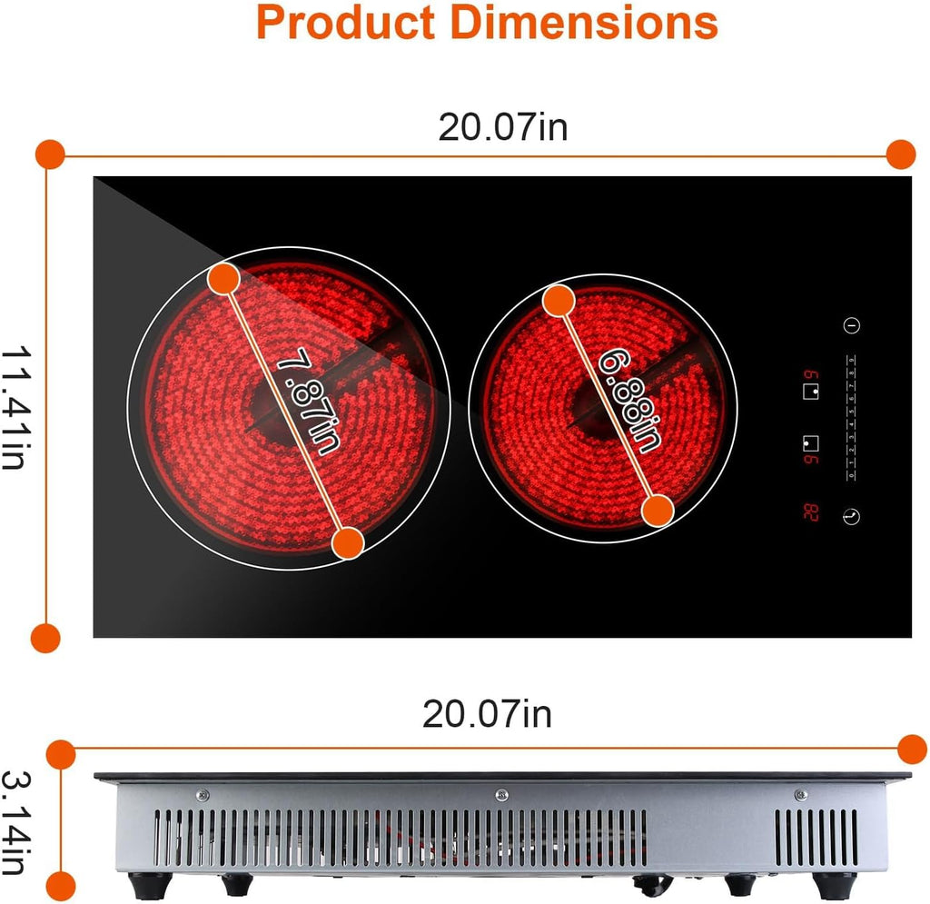 2 Burner Electric Cooktop, 9 Firepower Levels Plug-in Electric Cooktop with Timer Setting, 110V Built-in Electric Ceramic Stove with Over Heating Protection