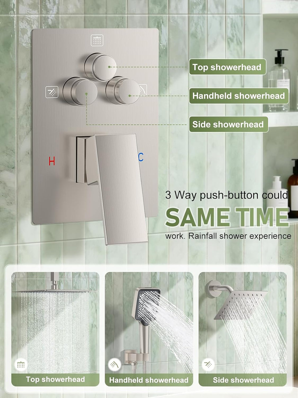 Woindo Shower Faucet Set, 10' Ceiling Mount Rainfall Shower System with 2 Rain Shower Head and Multi-function Handheld Head Push Button Diverter Shower Faucet Trim Kit