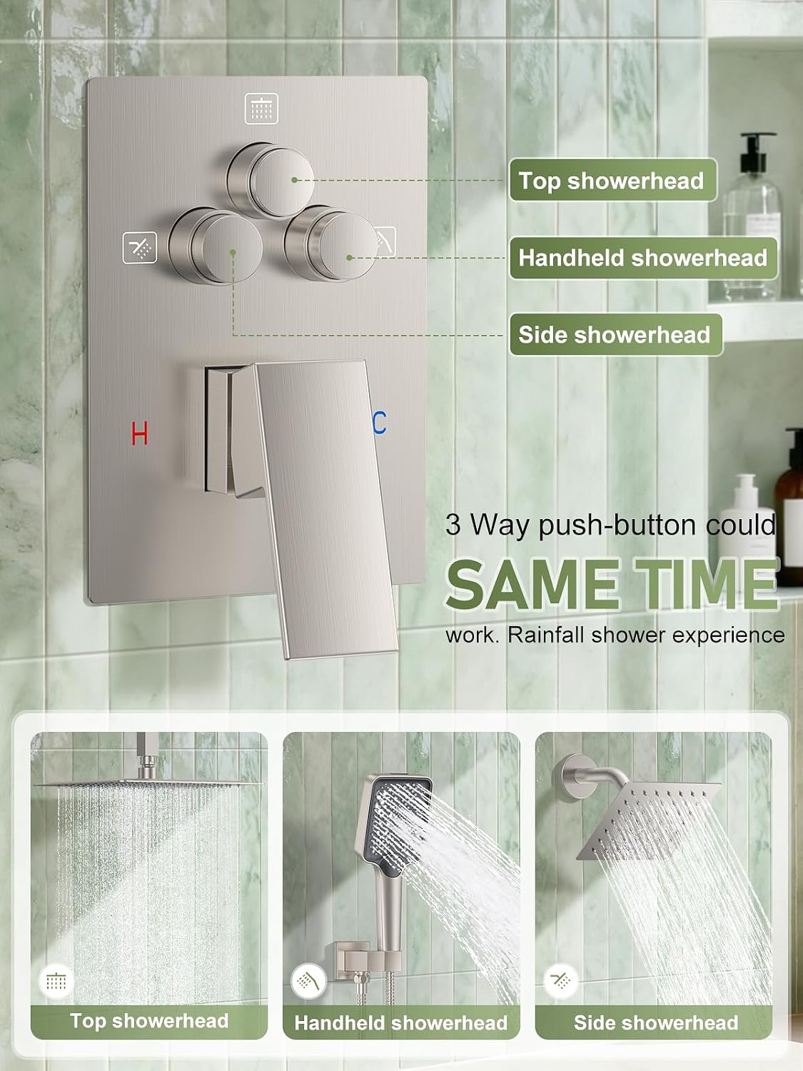 Woindo Shower Faucet Set, 10' Ceiling Mount Rainfall Shower System with 2 Rain Shower Head and Multi-function Handheld Head Push Button Diverter Shower Faucet Trim Kit