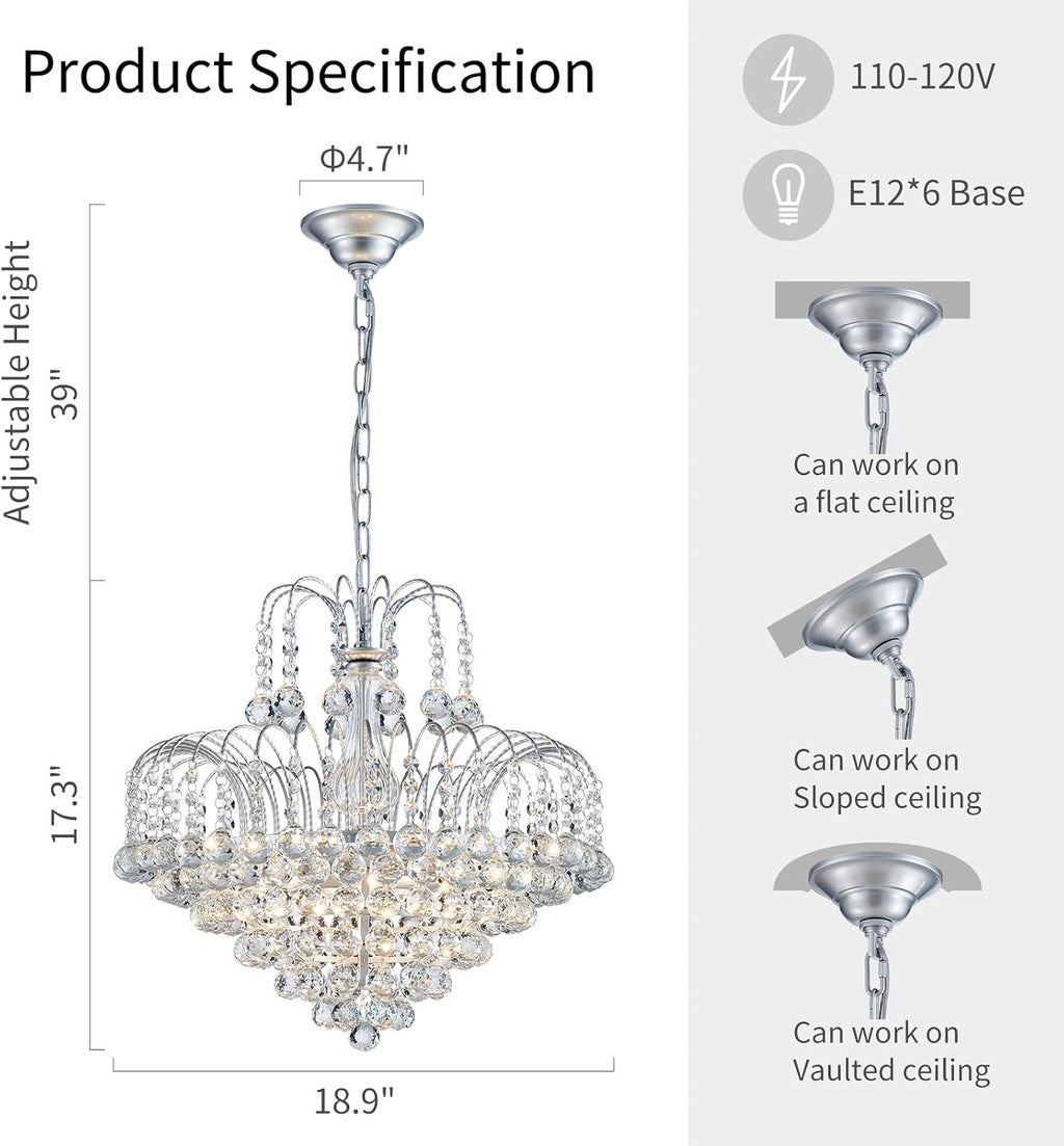 WUZUPS Crystal Chandelier Pendant Flushmount Ceiling Light Modern Lighting Fixture for Bedroom Hallway Bar Kitchen Bathroom, H 17.3' x W 18.9', Silver, E12 Base