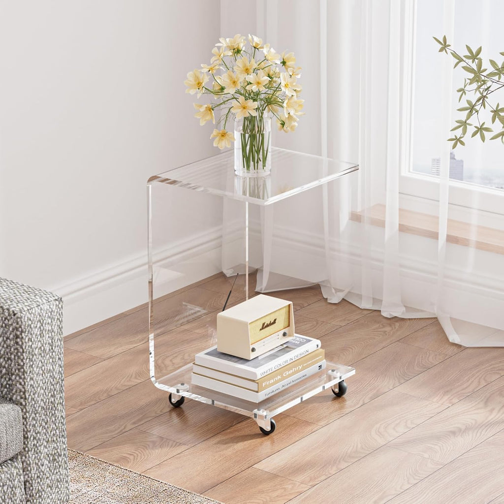Acrylic C Table with Wheels, 2-Tier Mobile Side Table for Small Spaces, Sofa/Couch End Table, Clear Drink Table, Modern Laptop Stand for Living Room Bedroom, 13.8' L x 13' W x 22' H