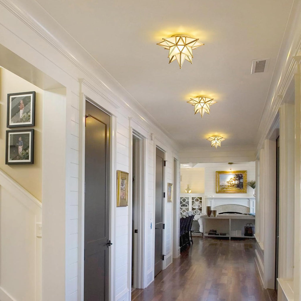 Moravian Brass Star Ceiling Light - Gold Vintage Antique Flush Mount Lighting - Art Deco Mid Century Milk Glass Fixture Lights for Hallway Bedroom Room Hall Entryway Laundry Foyer Kitchen Schoolhouse