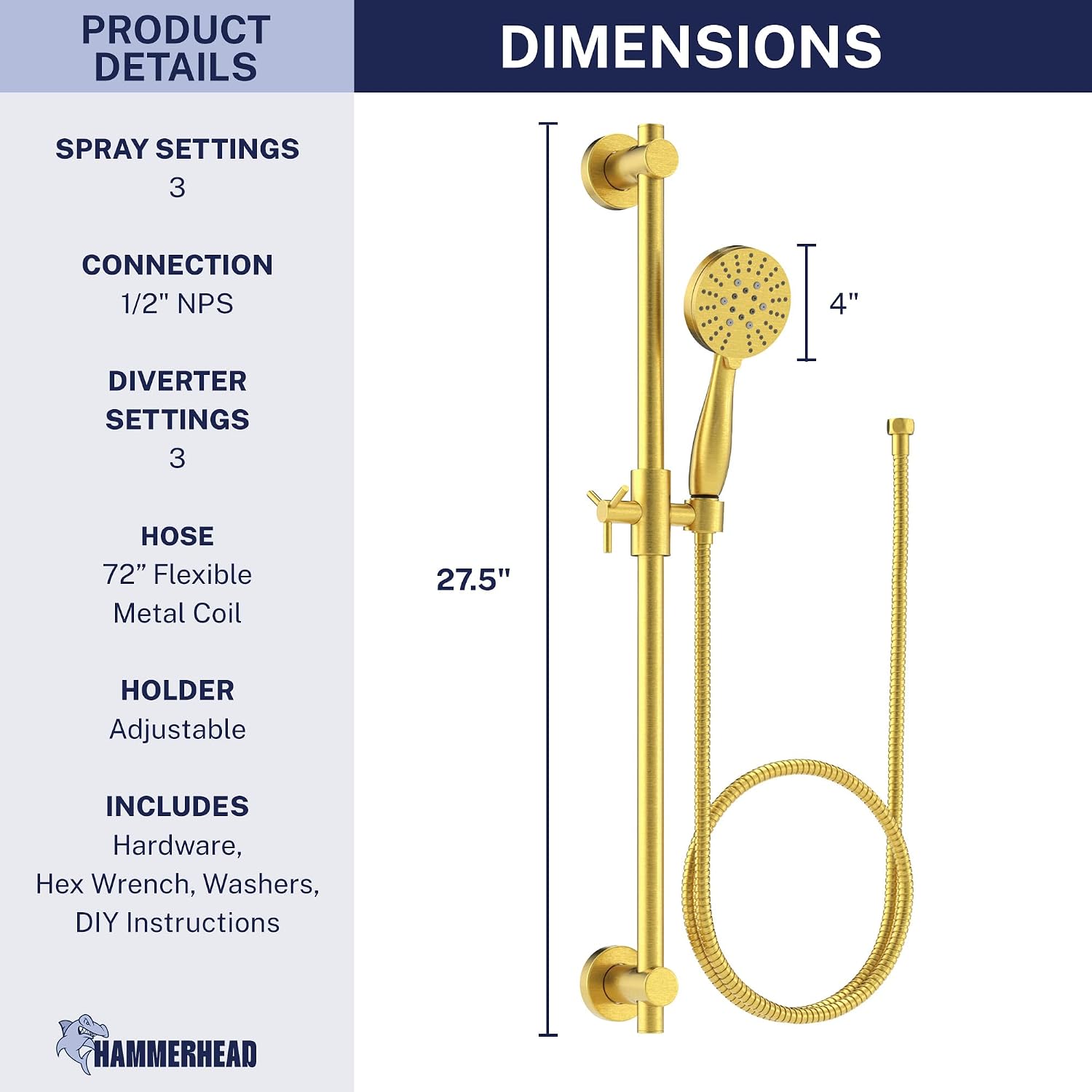 HammerHead Showers Solid Metal 27.5 Inch Shower Slide Bar with 3-Spray Handheld Shower Head with Long Hose and Holder, 1.75 GPM Low Flow Shower Head, Brushed Gold