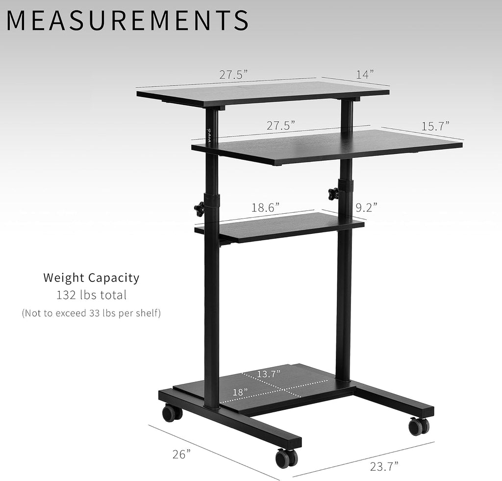 VIVO Mobile 28 inch Standing Desk Workstation, Height Adjustable Rolling Laptop Cart with Storage, Black, CART-V02DB