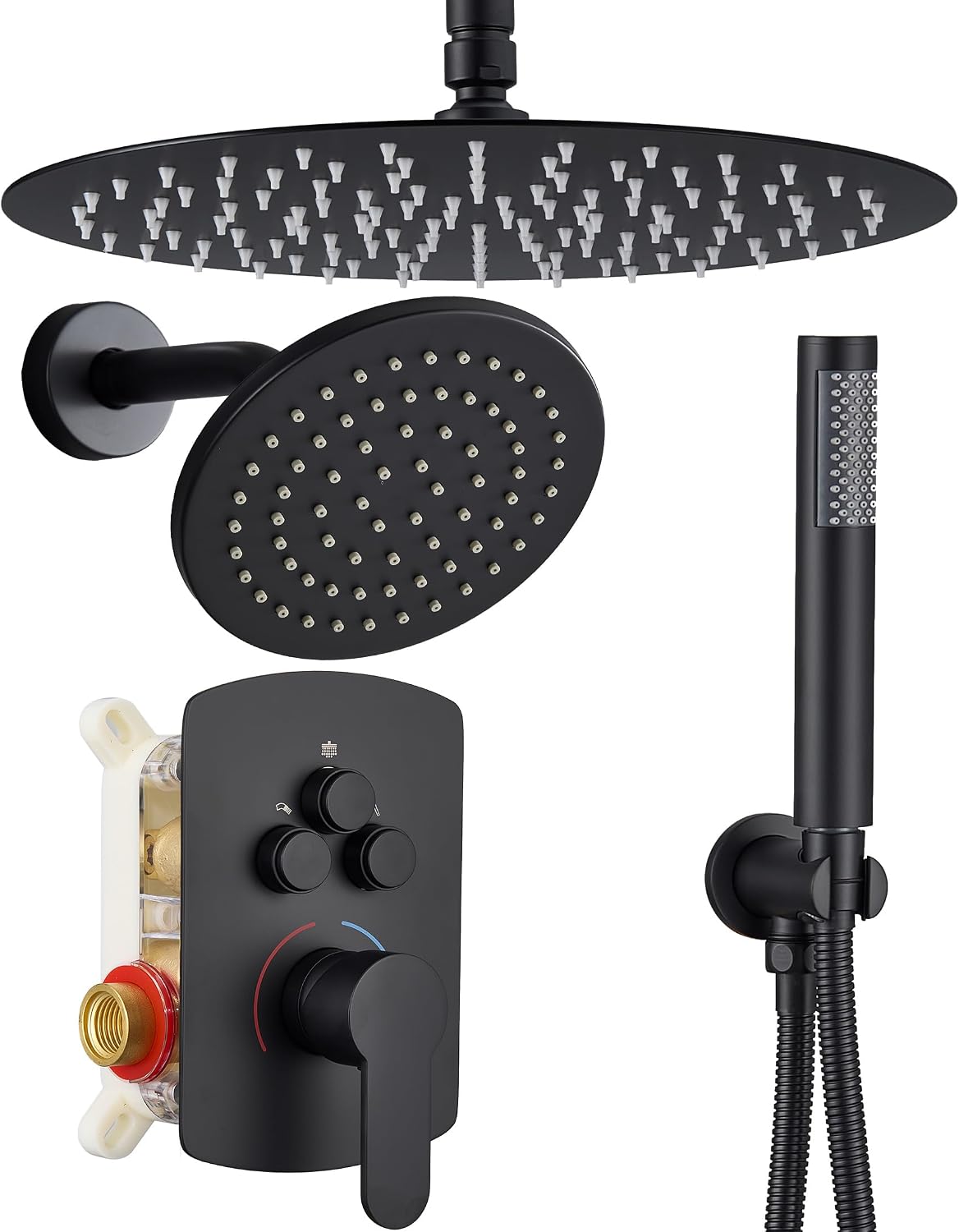 Dasan Rainfall Full Body Shower Faucet System with 12'' Round Shower & 6'' Shower Head,Matte Black Dual Shower Head Faucets Set with Handheld & Valve, Double Shower Head System for Couples/ 2-Person