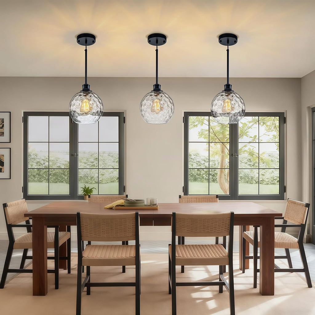 Globe Pendant Light Fixtures, 2 Pack Glass Black Pendant Lights Kitchen Island with 7.8' Clear Hammered Glass, Adjustable Hanging Island Lights for Kitchen Bathroom Sink Entryway Dining Room
