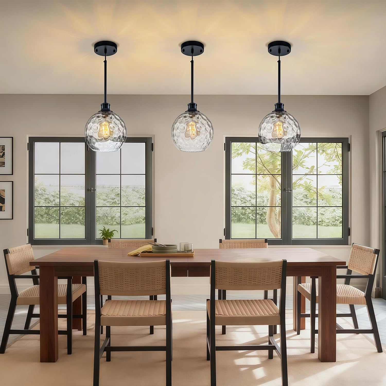 Globe Pendant Light Fixtures, 2 Pack Glass Black Pendant Lights Kitchen Island with 7.8' Clear Hammered Glass, Adjustable Hanging Island Lights for Kitchen Bathroom Sink Entryway Dining Room