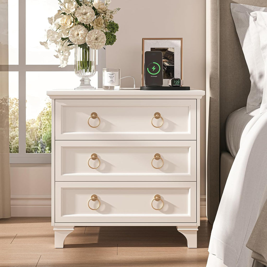 JOINICE White Night Stand with Charging Station, Modern Nightstand with 3 Drawer Storage, Large Bedside Table with Wide Desktop, 24'' Tall Sofa End Table for Bedroom, Home Office, White