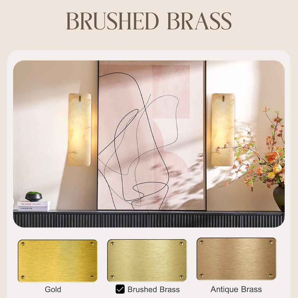 Rectangular Alabaster Wall Sconce 16 Inch, Natural Spanish Stone Brass Gold Wall Light, Modern Marble Sconces Dimmable E12 Hardwired Bathroom Vanity Light Fixture for Mirror, Bedroom, Hallway(1 Pcs)