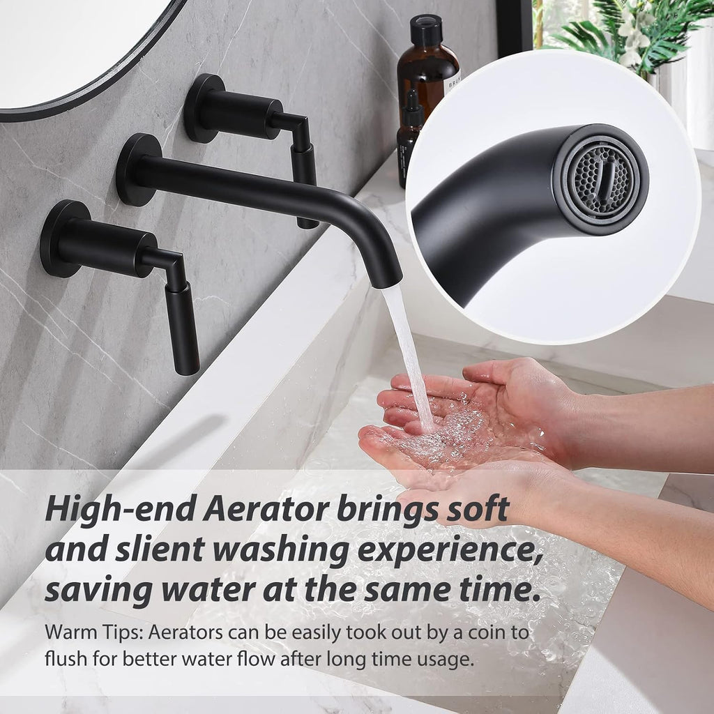 RBROHANT Black Wall Mount Faucet with Pop up Drain Set for Sink Without Overflow, Matte Black Dual Handle Wall Mounted Bathroom Sink Faucet, Brass Rough-in Valve Included, RB0735D
