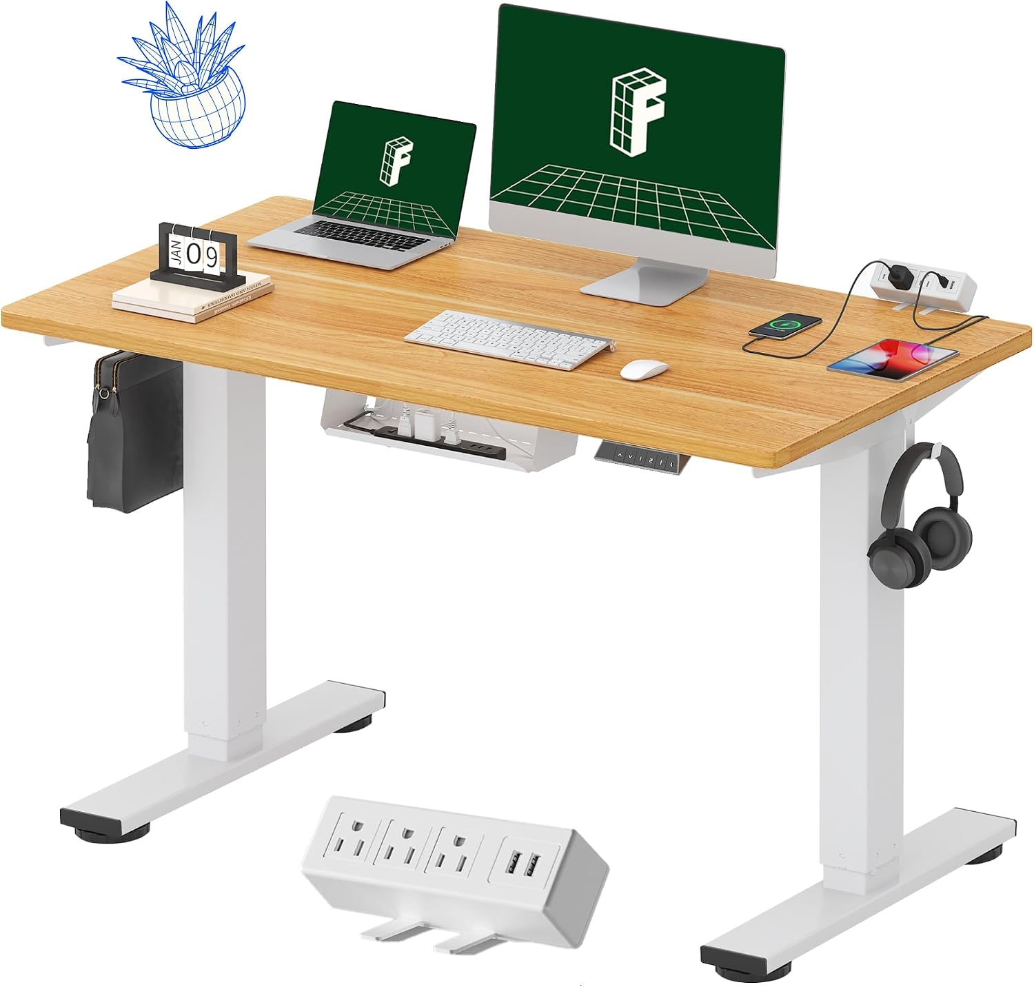 FLEXISPOT EN2 Whole-Piece Standing Desk with Clamp Power Strip, 48 x 24 Electric Stand Up Height Adjustable Desk with Cable Management (White Frame + 48' Maple Top)