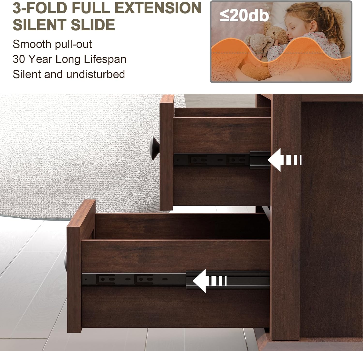 REDAYFUR 24' Tall End Table with Charging Station, Double 18W Fast Charge, Large 18' Bedside Table with Drawers, Rustic Wood Storage Cabinet with Open Shelf for Bedroom, Cherry