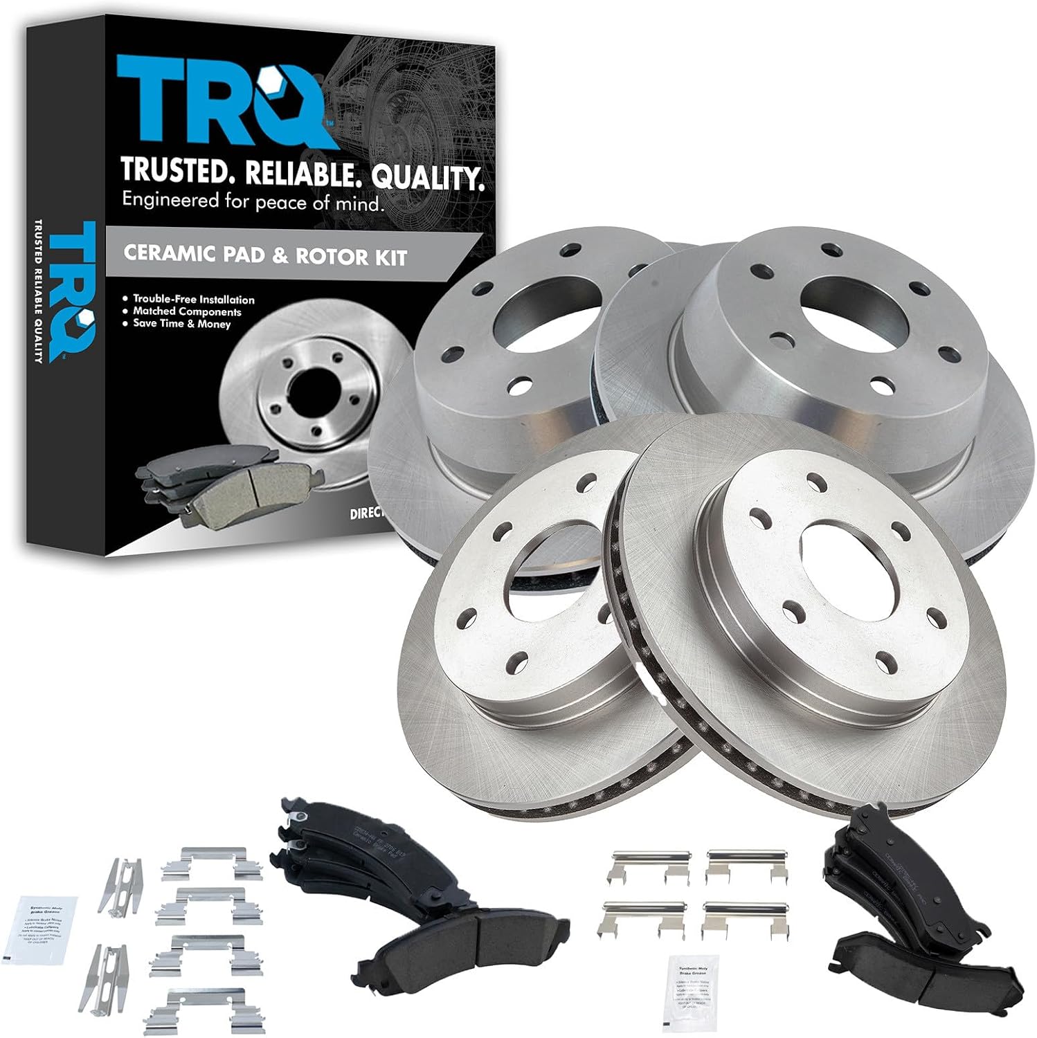 TRQ Front & Rear Premium Posi Ceramic Disc Brake Pads & Rotors Kit Compatible with GM