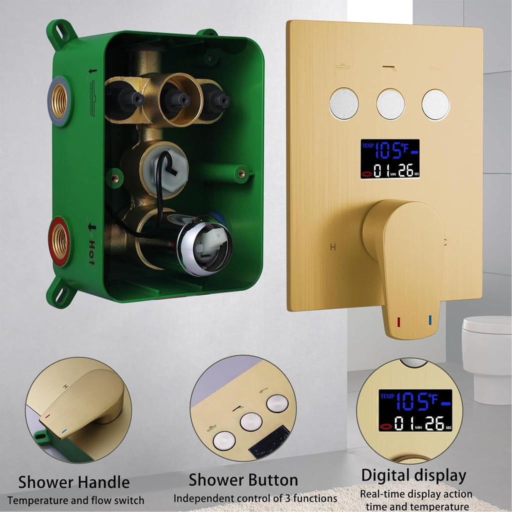 Digital Display Shower Faucet Set With 12 Inch Rainfall Shower Head,Brass Handheld Sprayer And 6pcs Body Jets,Full Body Shower System (Brushed Gold)