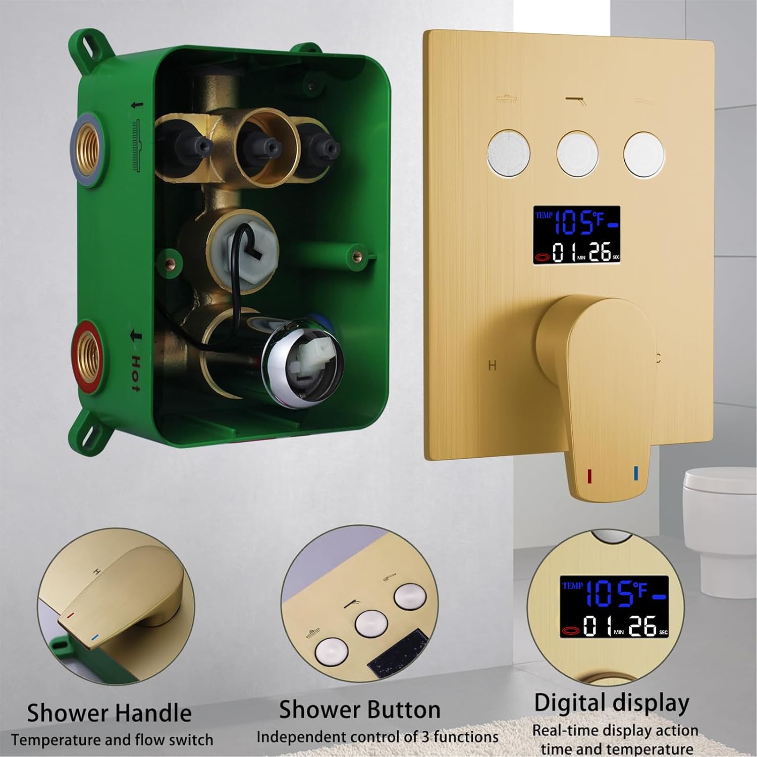 Digital Display Shower Faucet Set With 12 Inch Rainfall Shower Head,Brass Handheld Sprayer And 6pcs Body Jets,Full Body Shower System (Brushed Gold)
