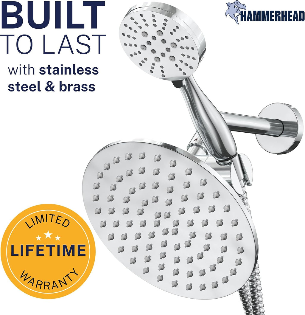 HammerHead Showers Dual Shower Head Combo, 8-Inch Rainfall & 3-Flow Handheld, Chrome, 1.75 GPM