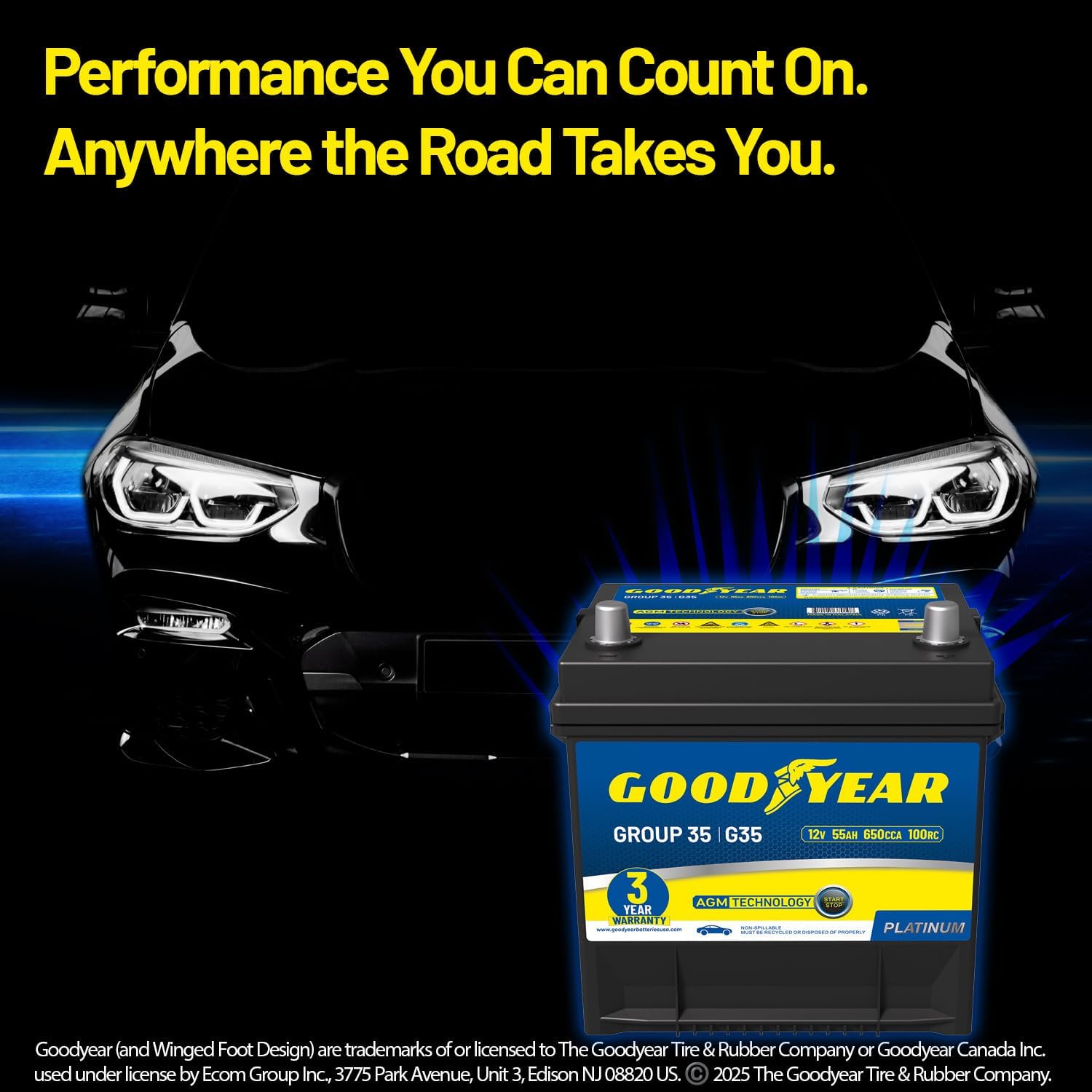 Goodyear 35-AGM BCI Group Size 35 12V 55 AH, 100RC, 650 CCA Platinum series Rechargeable AGM Maintenance Free Automotive Battery