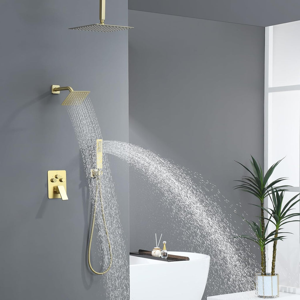 Shower Faucet Set, Brushed Gold Shower System with Rain Shower and Handheld Bathroom Ceiling 12 Inch Shower Set with Valve