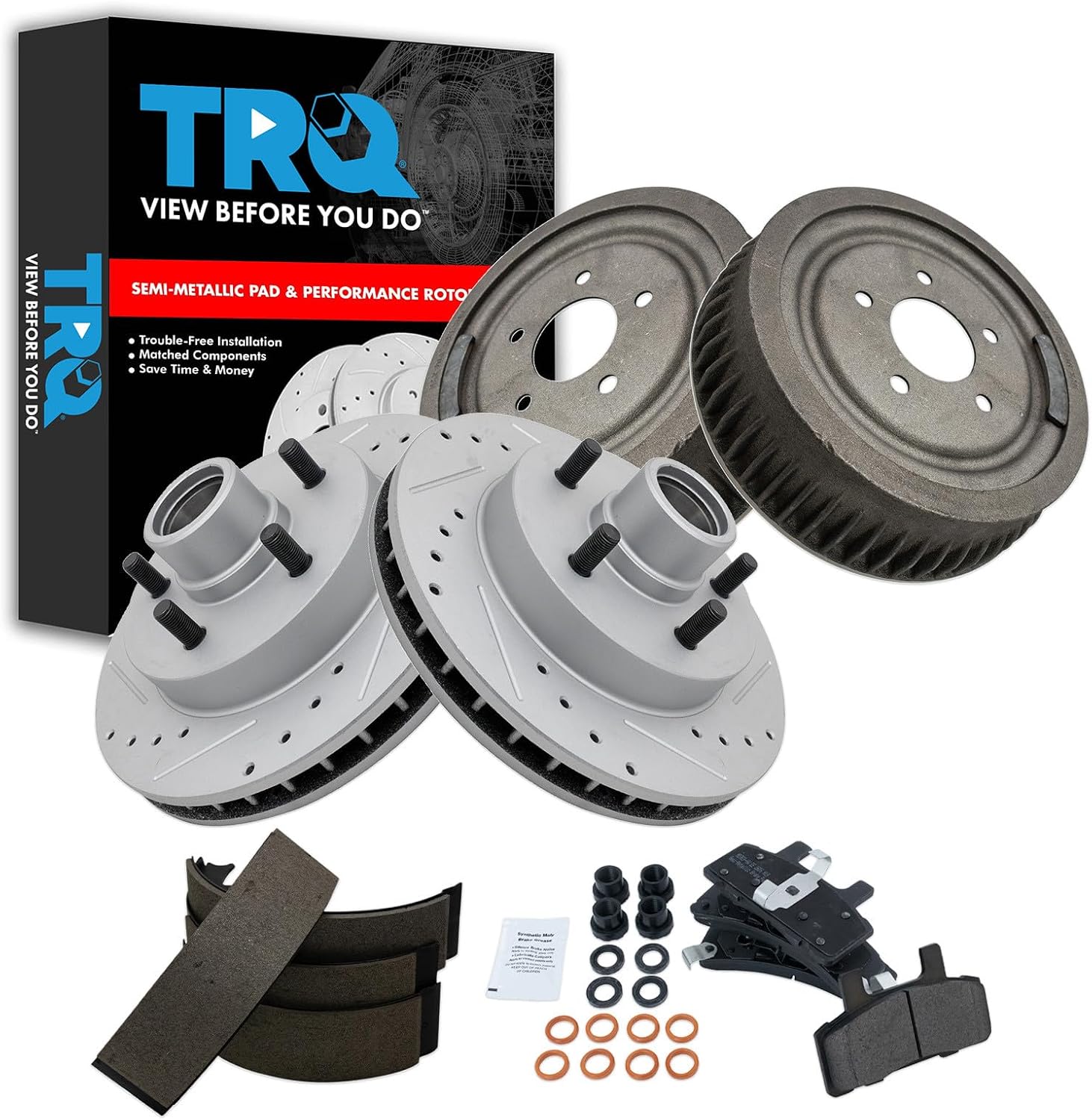 TRQ Brake Pad & Rotor,Shoe & Drum Kit Performance Semi-Metallic Premium G-Coated Front & Rear Compatible with 1995-1999 Chevrolet C1500 1992-1999 C1500 Suburban 1996-2002 Express 1500 GMC Savana 1500