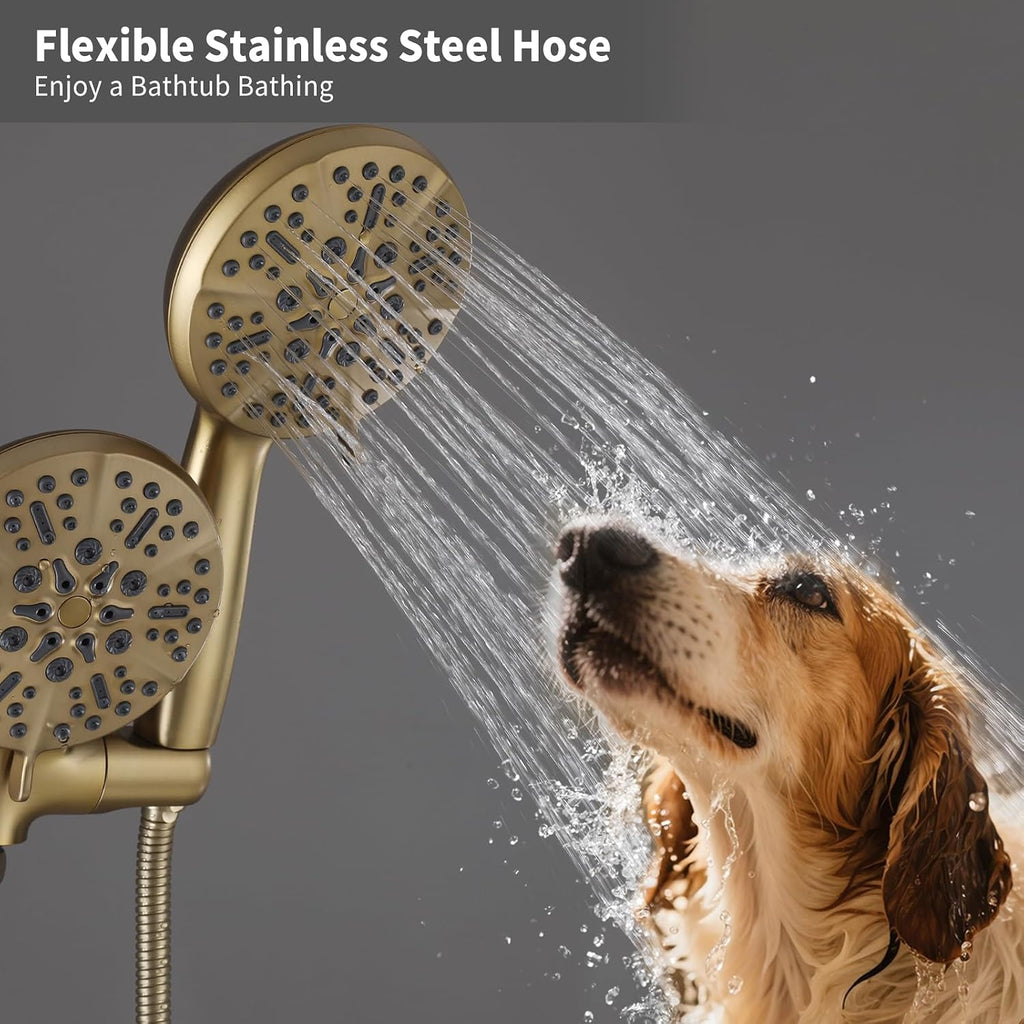 Dual Shower Head with Handheld Bathroom Double Shower Heads High Pressure 3-Way Rainfall Combo with SUS304 Hose 7-Setting Showerhead and Hand Held Shower Separately or Together Brushed Gold