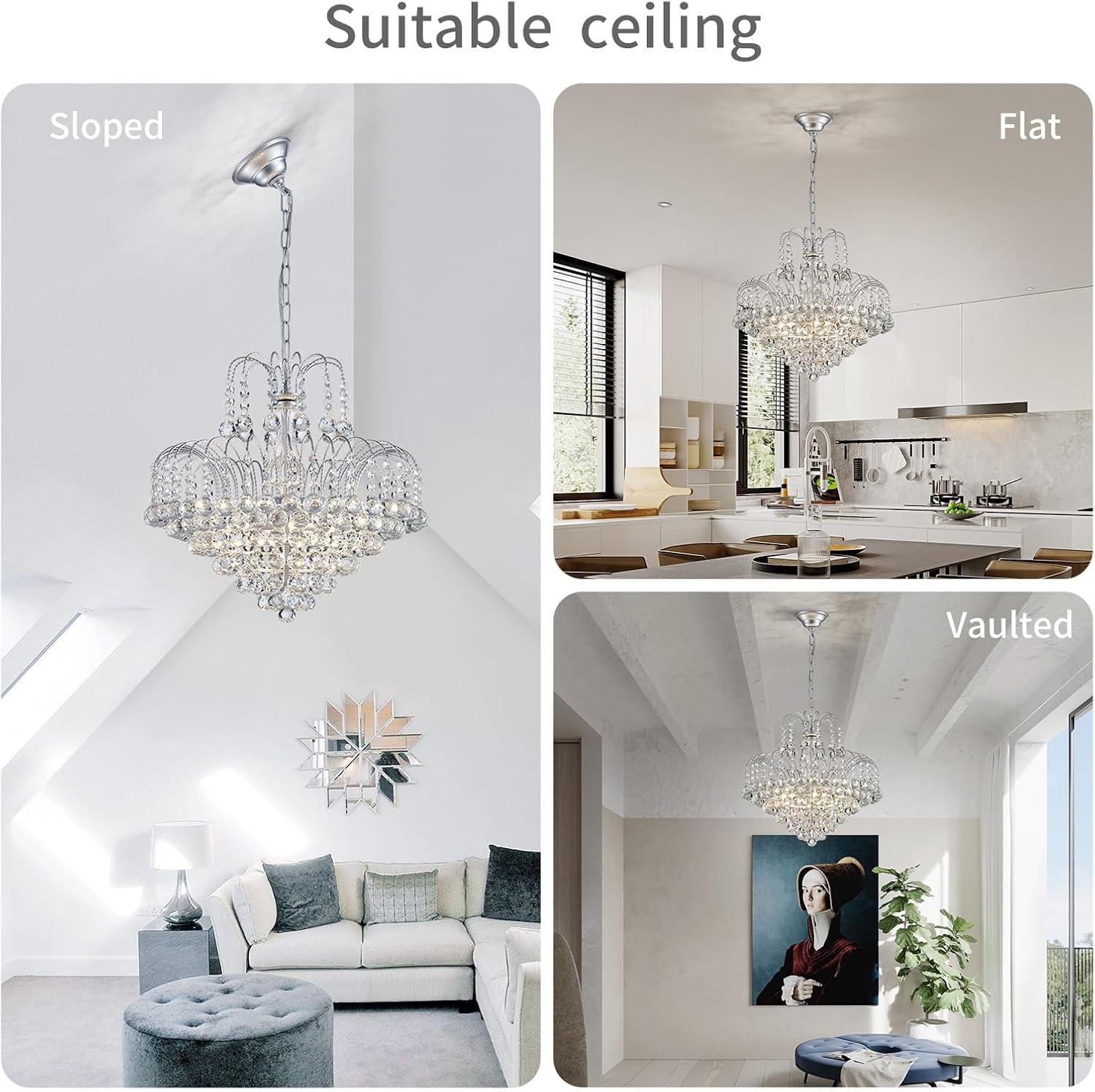 WUZUPS Crystal Chandelier Pendant Flushmount Ceiling Light Modern Lighting Fixture for Bedroom Hallway Bar Kitchen Bathroom, H 17.3' x W 18.9', Silver, E12 Base