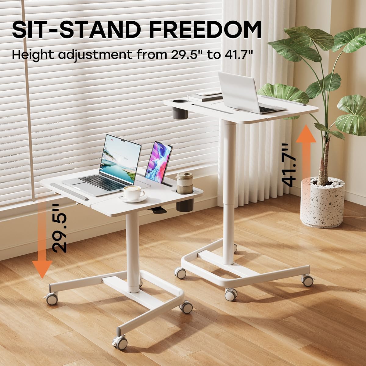JOY worker Mobile Standing Desk, Height Adjustable Table, 60° Tiltable Rolling Laptop Desk, Portable Sit Stand Desk with Wheels Cup Holder for Bed Couch School, Holds Up to 22lbs, White