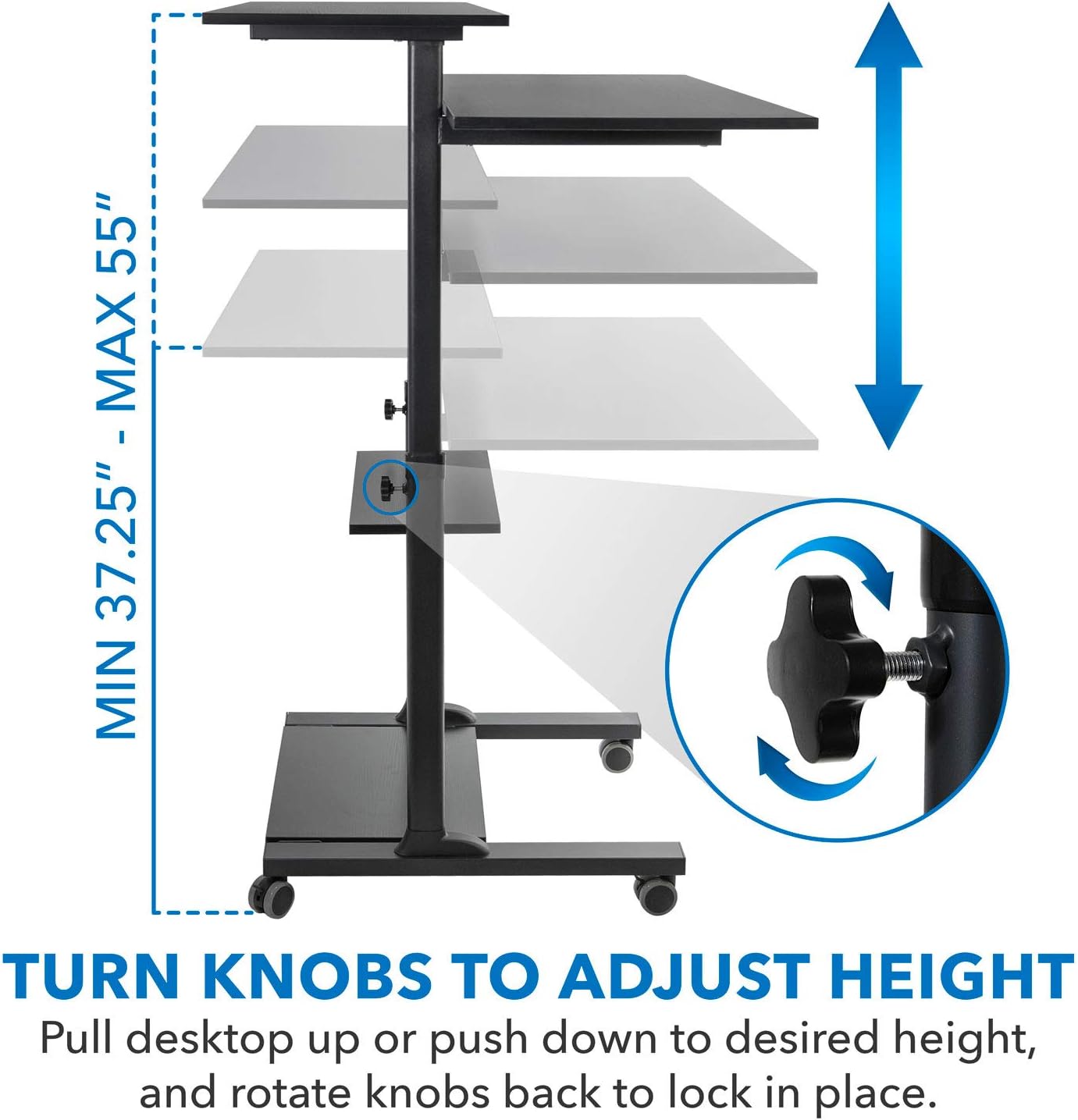 Mount-It! Mobile Desk Workstation 40 Inch Wide Large Rolling Computer Desk is Height Adjustable to 64 Inches, Sit Stand Computer Cart with Multi Level Shelves on Wheels in Black