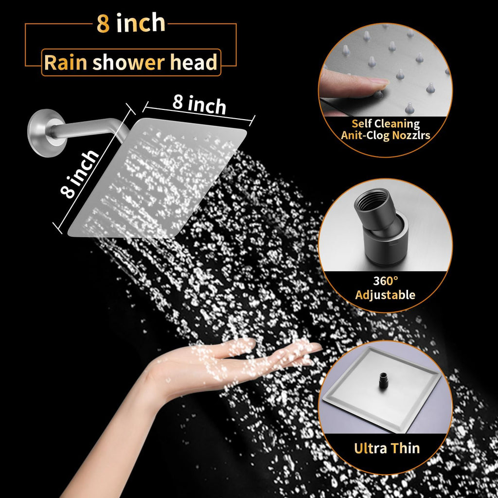 AYIVG Brushed Nickel 4 Function Dual Shower Head System 16 X 24 Inch Rainfall Waterfall And 8 Inch Wall Mount With Handheld shower head Digital Display Shower Valve Set
