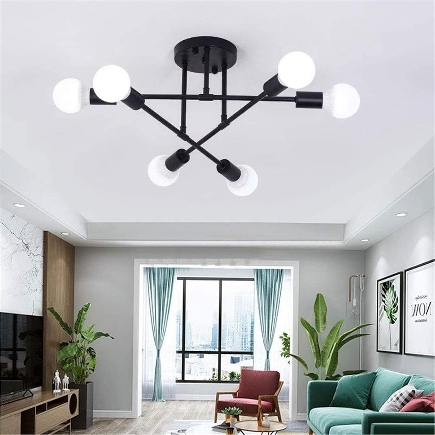 Vintage Industrial 6-Light Semi-Flush Ceiling Light, Black Wrought Iron Chandelier Close to Ceiling Lights Fixture for Dining Room, Kitchen, Living Room, Hallway, Entryway