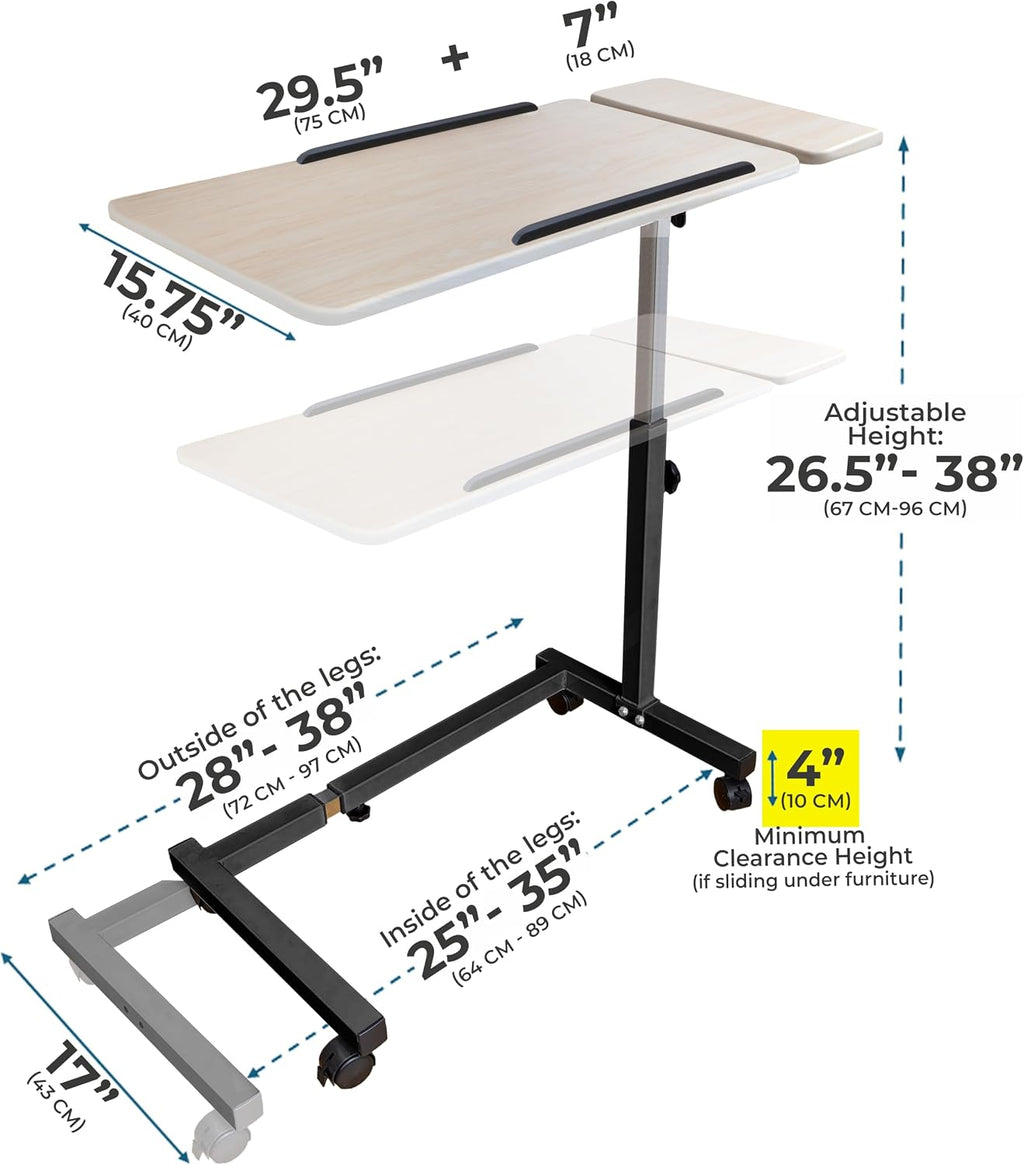 Recliner Table, Over the Bed Table with Wheels, Adjustable Width & Height, with Split Tilt Design & 4 Caster Wheels with Brakes (Beechwood Tabletop, Black Base)