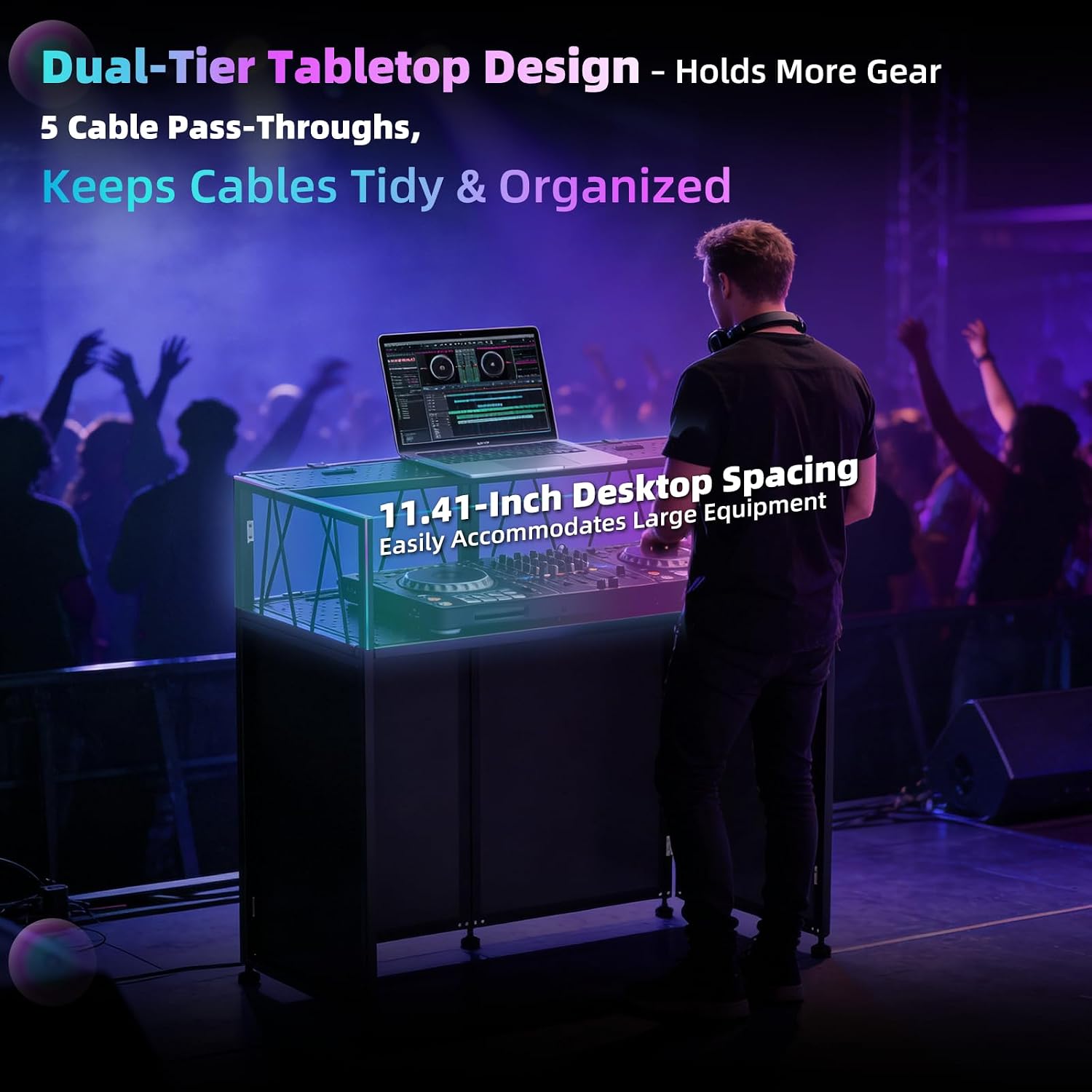Portable DJ Table Stand, Tool-Free Setup Foldable 40' x 20' DJ Stand Booth w/ 2 Top Trays, Black & White Scrims, 4IN Adjustable Leveling Feet, 5 Cable Holes and Carry Bag, for Parties, Events, Studios