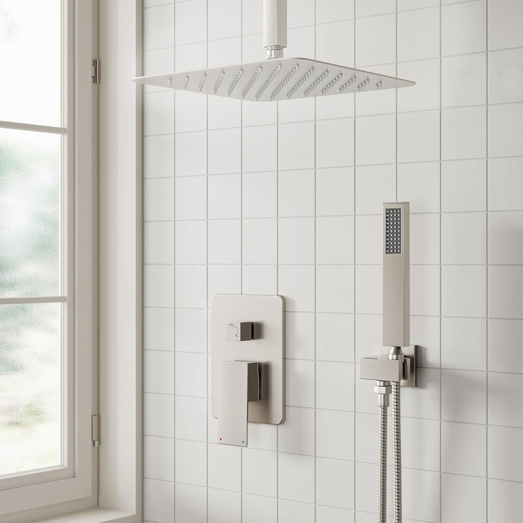 ESNBIA Ceiling Shower System, All Metal Shower Faucet set with Pressure Balance Valve,10 Inches Rain Shower Head with Handheld Spray Combo, Brushed Nickel