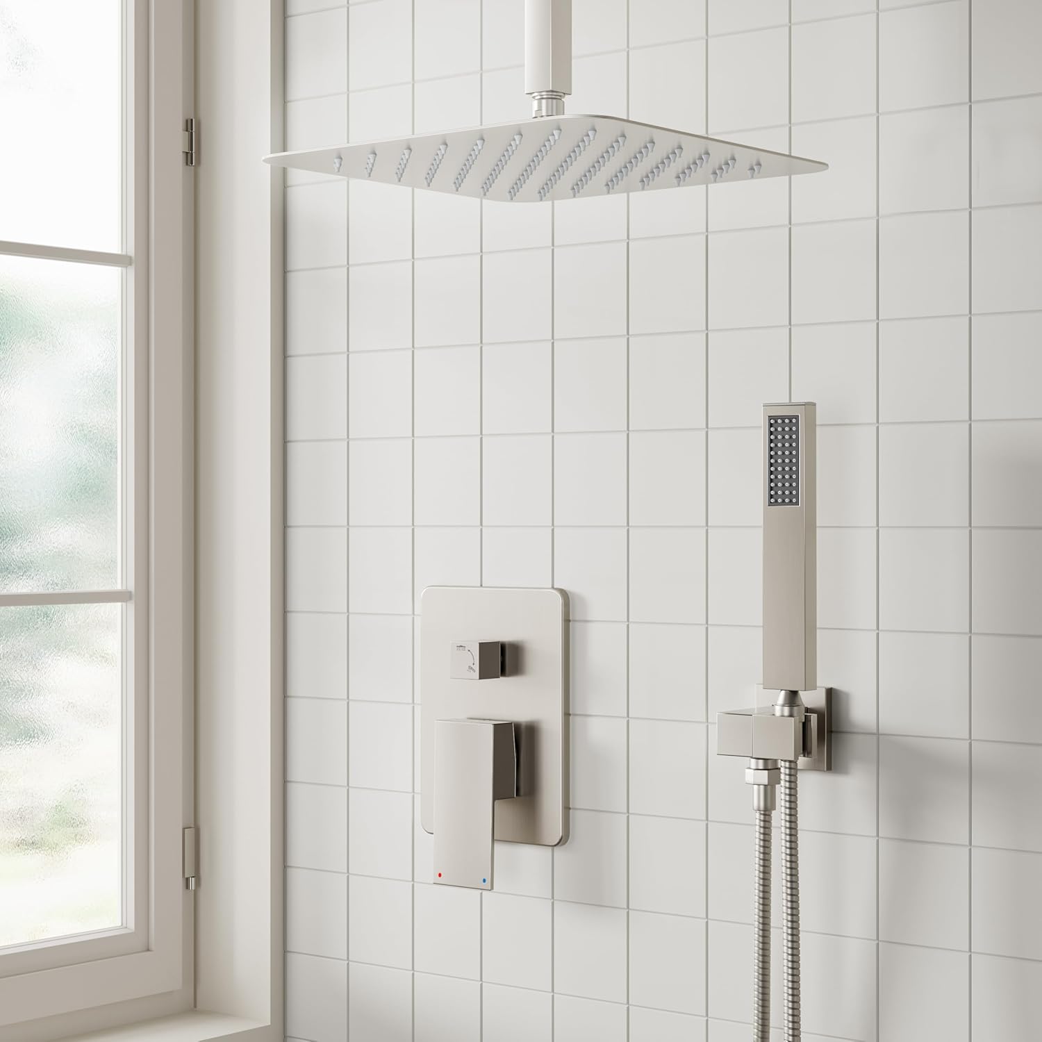 ESNBIA Ceiling Shower System, All Metal Shower Faucet set with Pressure Balance Valve,10 Inches Rain Shower Head with Handheld Spray Combo, Brushed Nickel