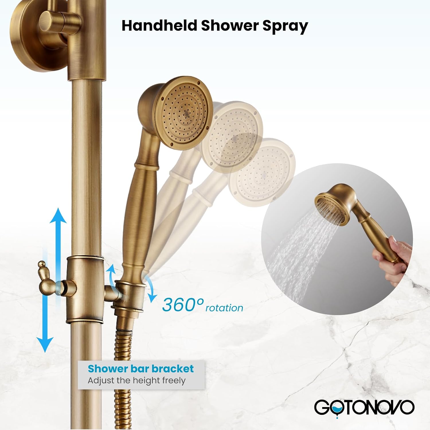 gotonovo Antique Brass Shower Faucet 8-inch Shower Head Fixture with Handheld Spray Double Lever Handle Bathtub Spout Triple Function Bathroom Wall Mount