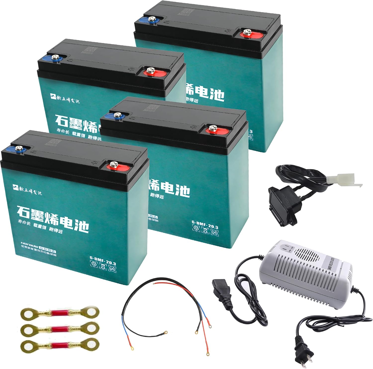 Set of 4, 6-DZF-20 6-DMF-20 6-DZM-20 12V 20AH Sealed Lead-Acid Battery Rechargeable & 48V Charger for Mobility Scooter Dirt Bike Lawn Mower Motorcycle ATV Quad Golf Cart Go Kart Wheelchair