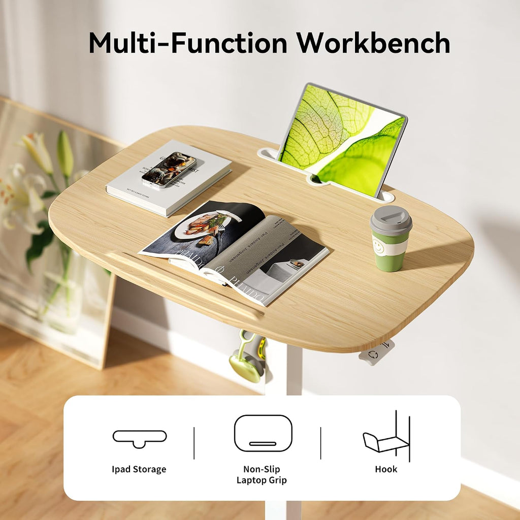 WALKINGDESK Folding Pneumatic Height Adjustable Mobile Standing Desk with 90° Tiltable Tabletop, 27.2x18.9 Inch Portable Laptop Desk with Wheels, Holds Up to 66.1lbs for Home Office, Study, Oak