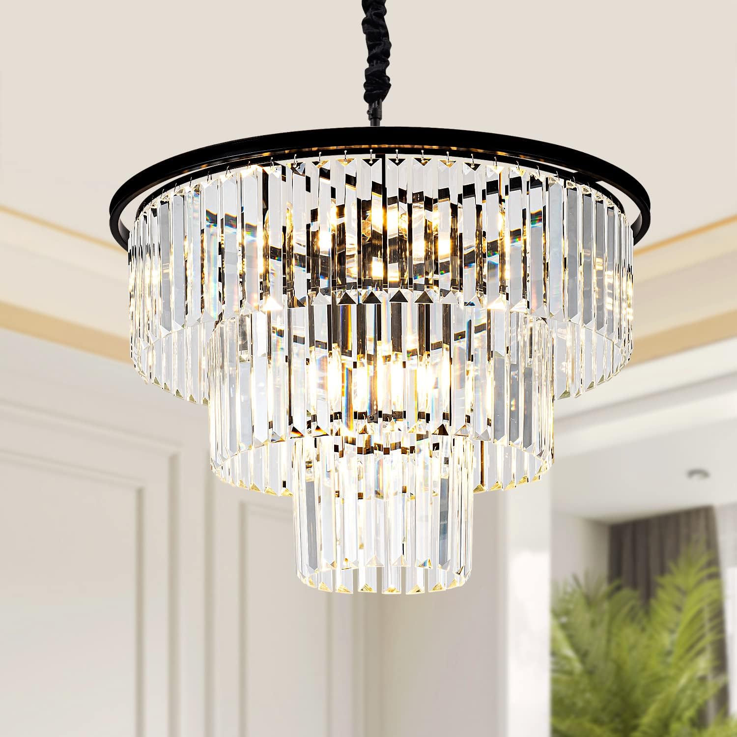 12 Lights 23.64' Black Modern Crystal Chandelier Crystal Pendant Ceiling Light Fixture 3-Tier Hanging Lighting for Dinning Room Bedroom Living Room Foyer