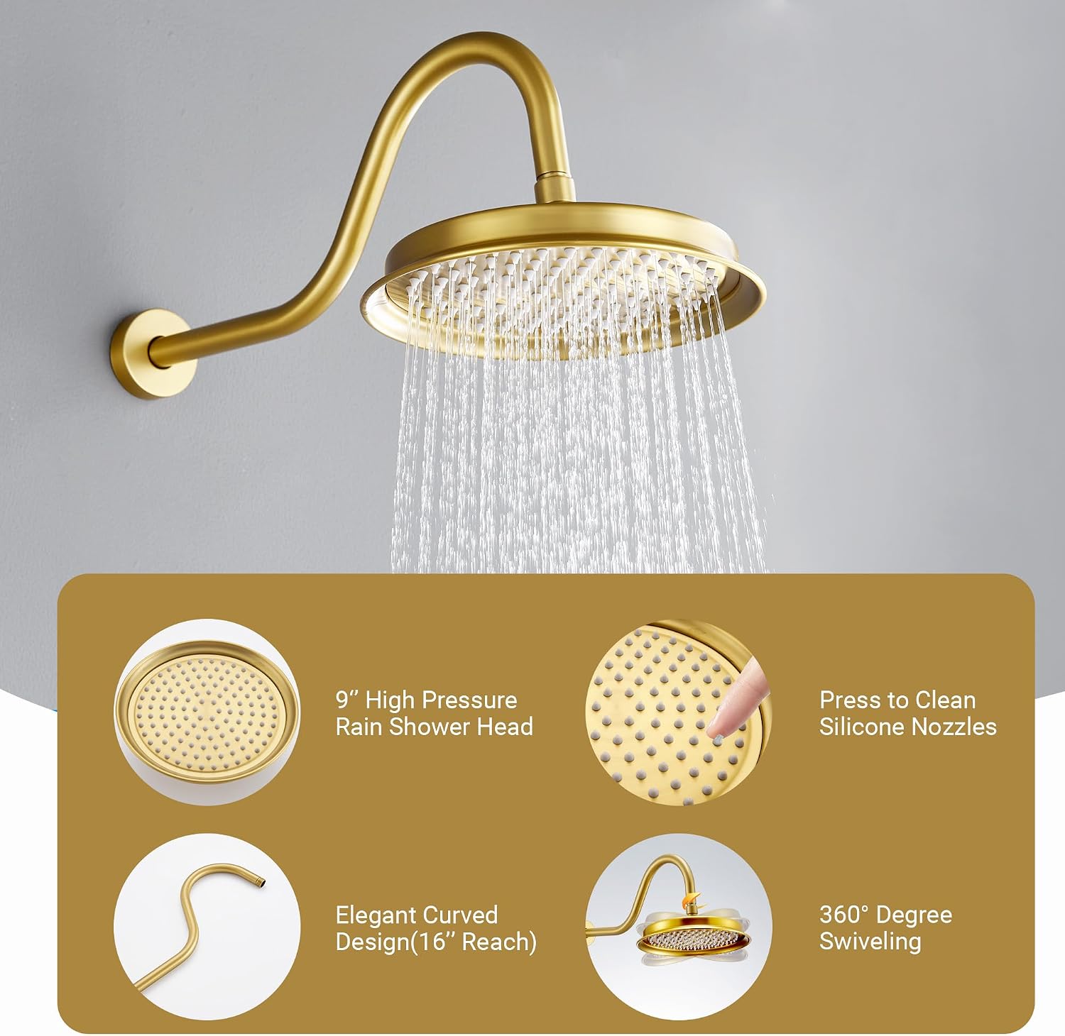 DASAN Brushed Gold Rain Shower System Complete Antique Shower Faucet Sets, Brushed Gold Shower Fixtures Combo with Pressure Balance Valve, Trim Kit, 9'' Rainfall Overhead Shower & Handheld, AT209W-BTG