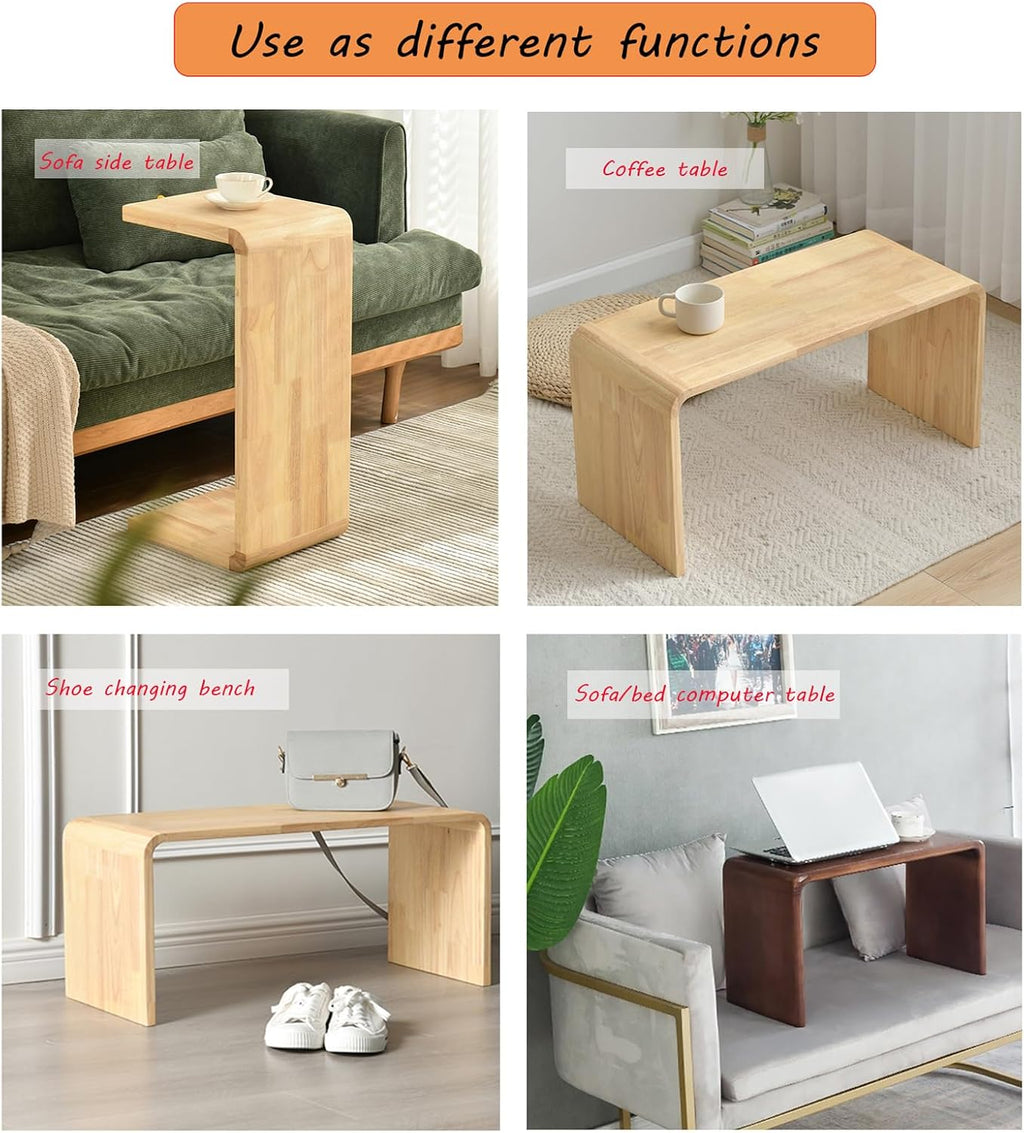 C Shaped End Table, Solid Wood Sofa Side Table for Couch, Bed, and Living Room, Space-Saving Small Snack Table for Bedroom, Office, or Balcony, Wooden Nightstand for Laptop and Narrow Spaces