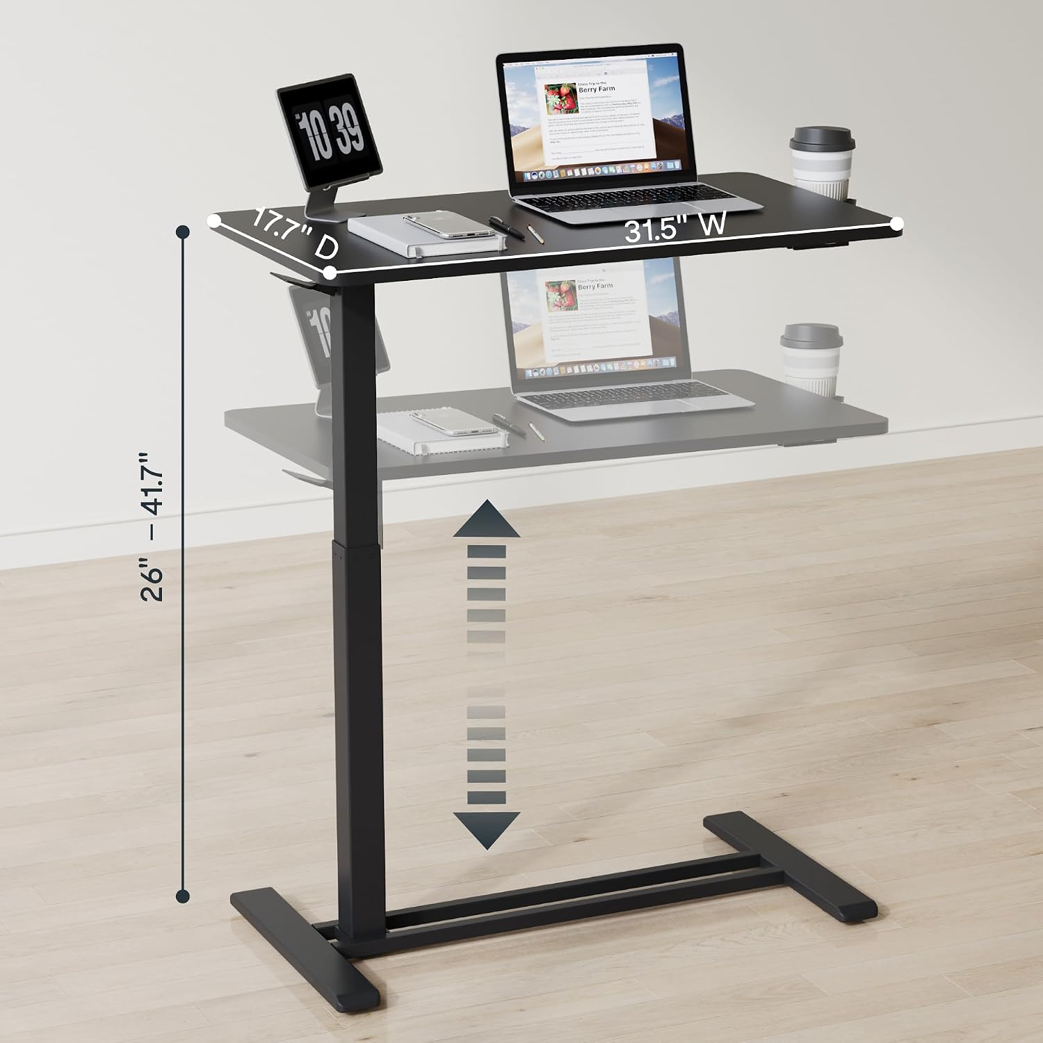 FLEXISPOT H7 Adjustable Overbed Bedside Table with Wheels Pneumatic Mobile Standing Desk Laptop Desk Rolling Computer Cart Movable Overbed Table Hospital Home Use(31.5' W x 17.7' D, Black Large)