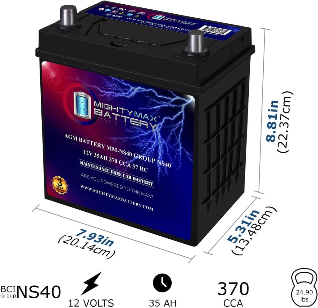 Mighty Max Battery MM-NS40 Start and Stop Car BCI Group Size NS40 12V 35Ah, 57RC, 370 CCA Rechargeable AGM Car Battery