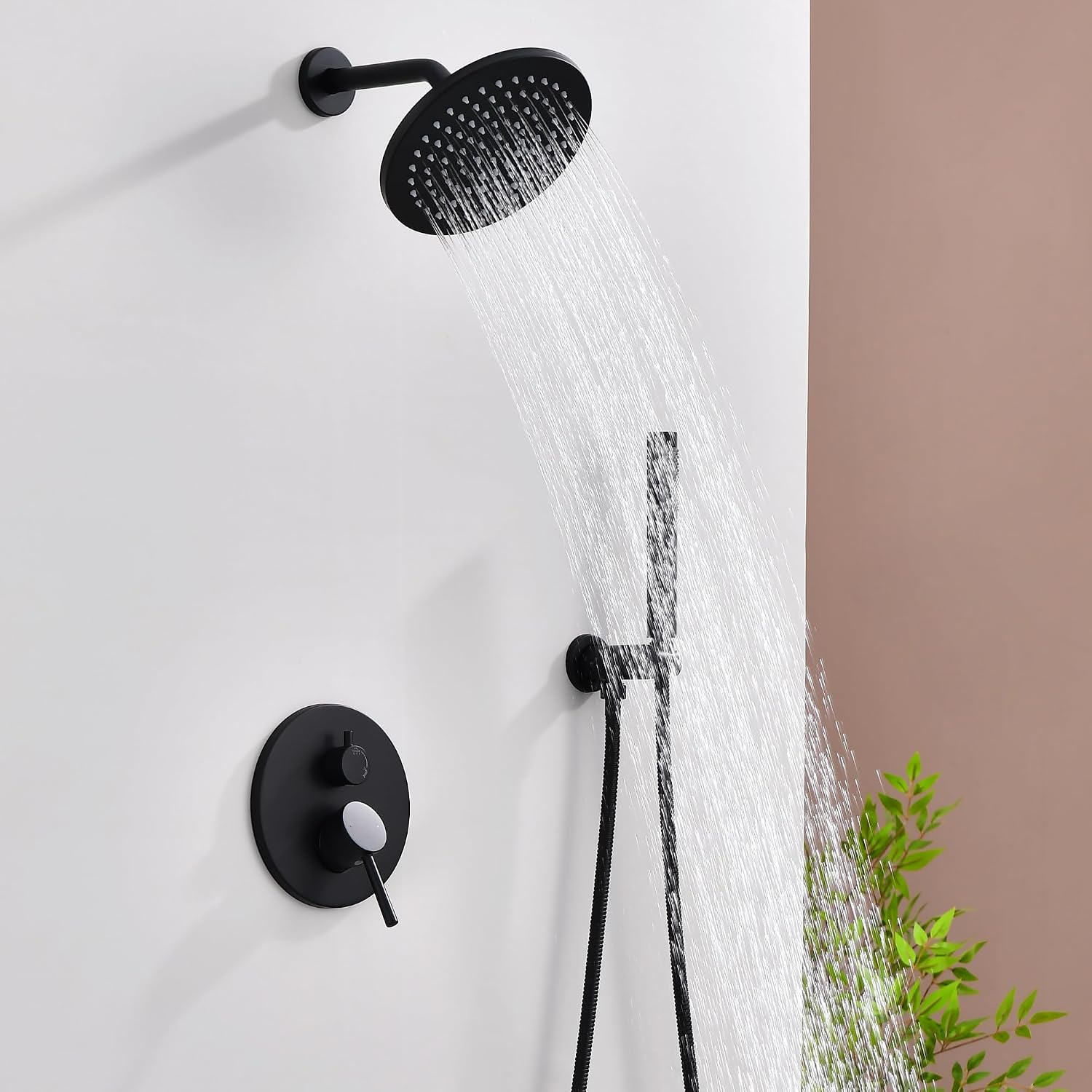 Shower System, Black Shower Faucet Set, 8' Rainfall Shower Head and Handheld Spray Combo, Round Shower Head and Handle Set with Valve and Trim Kit, Matte Black