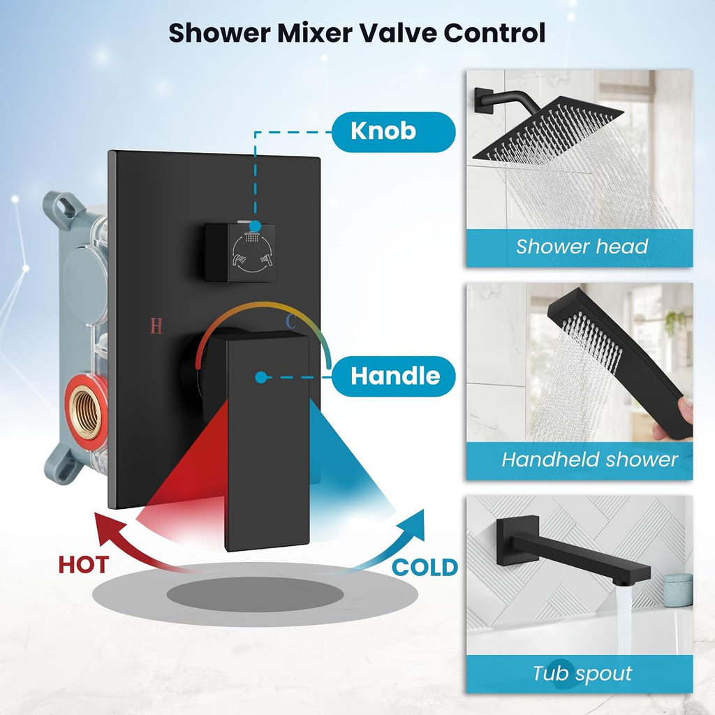 gotonovo Shower System with Tub Spout Wall Mounted Rain Shower Head and Handle Combo Shower Faucet Set with Valve, 8 Inch, Matte Black