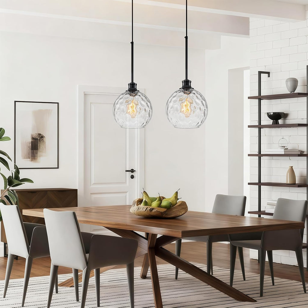 Globe Pendant Light Fixtures, 2 Pack Glass Black Pendant Lights Kitchen Island with 7.8' Clear Hammered Glass, Adjustable Hanging Island Lights for Kitchen Bathroom Sink Entryway Dining Room