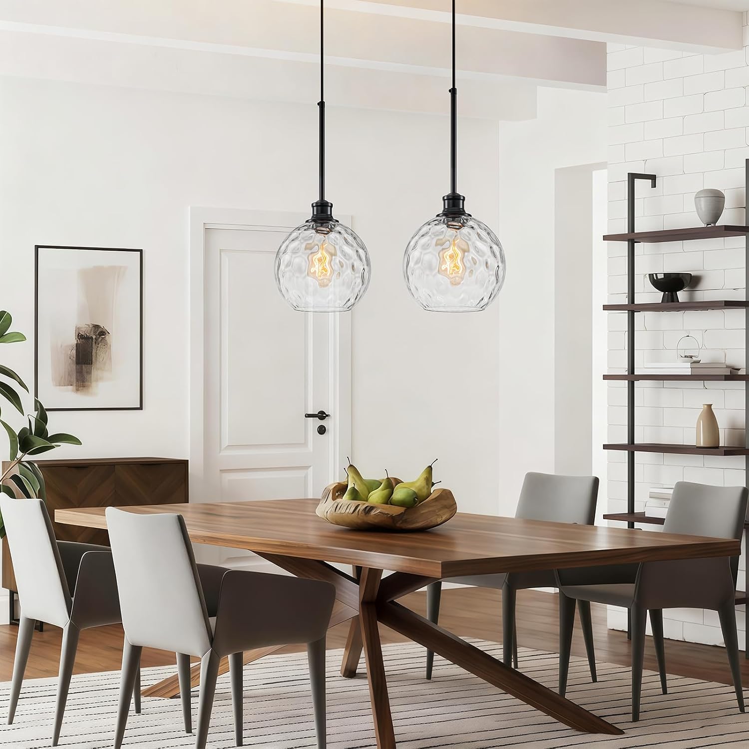 Globe Pendant Light Fixtures, 2 Pack Glass Black Pendant Lights Kitchen Island with 7.8' Clear Hammered Glass, Adjustable Hanging Island Lights for Kitchen Bathroom Sink Entryway Dining Room